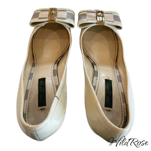 LOUIS VUITTON LV Ivory Damier Azul Valentine Check Bow Patent & Canvas pumps 37 - Picture 6 of 14