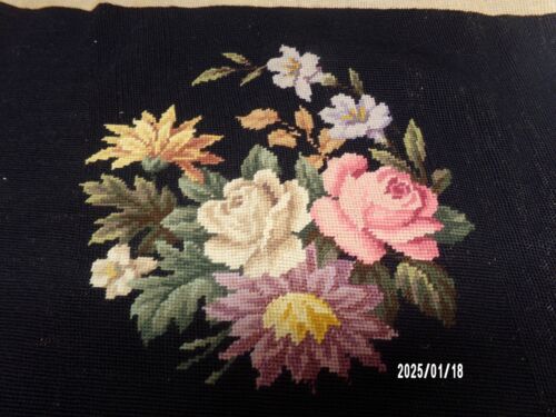 Vintage Floral Bouquet Needlepoint Pre-Worked Canvas 21" x 16" black background