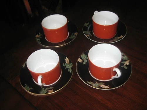 Set of Four Fitz & Floyd Cloisonne Peony Japan FF75 Saucers & Orange Cups FF