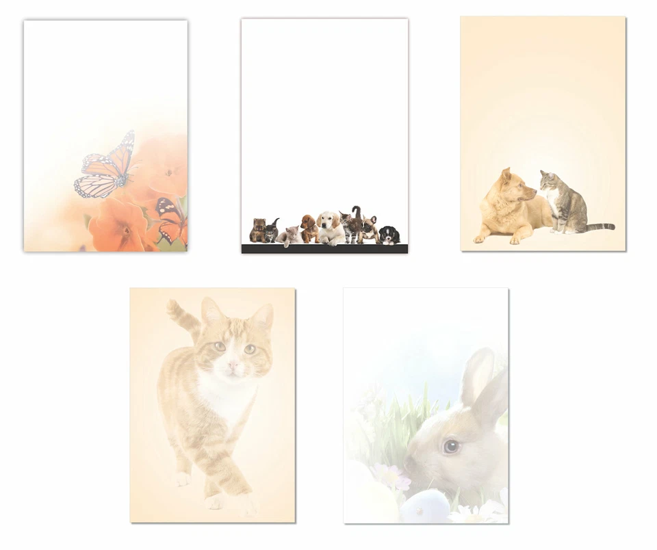 LYSCO® 5 x 10 Blatt Motivpapier Briefpapier Mix Schmetterlinge Hund Katze (Tiere-5241)