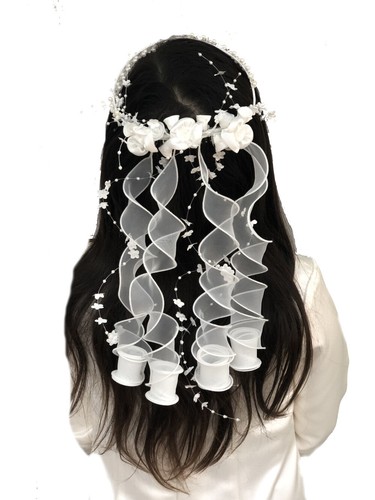 LadyMYP© Haarkranz/Kopfschmuck mit Bänder und vielen Blüten, Perlen, Kommunion - Bild 4 von 5