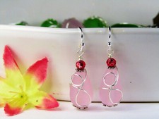 Pink Sea Glass Teardrop, Silver Ladies Dangle Earrings, Beach Fashion