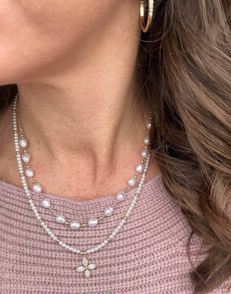 Park Lane, POINSETTIA, Pearl & Gold Beaded Necklace Marquis CZ