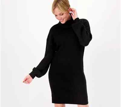 Belle by Kim Gravel Ribbed Turtleneck Sweater Dress-Black-Medium-A550659 |  eBay