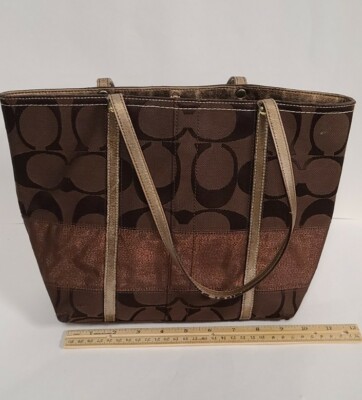 バッグ COACH Signature brown Coach Signature Stripe Brown Canvas Small Satchel Authentic Style