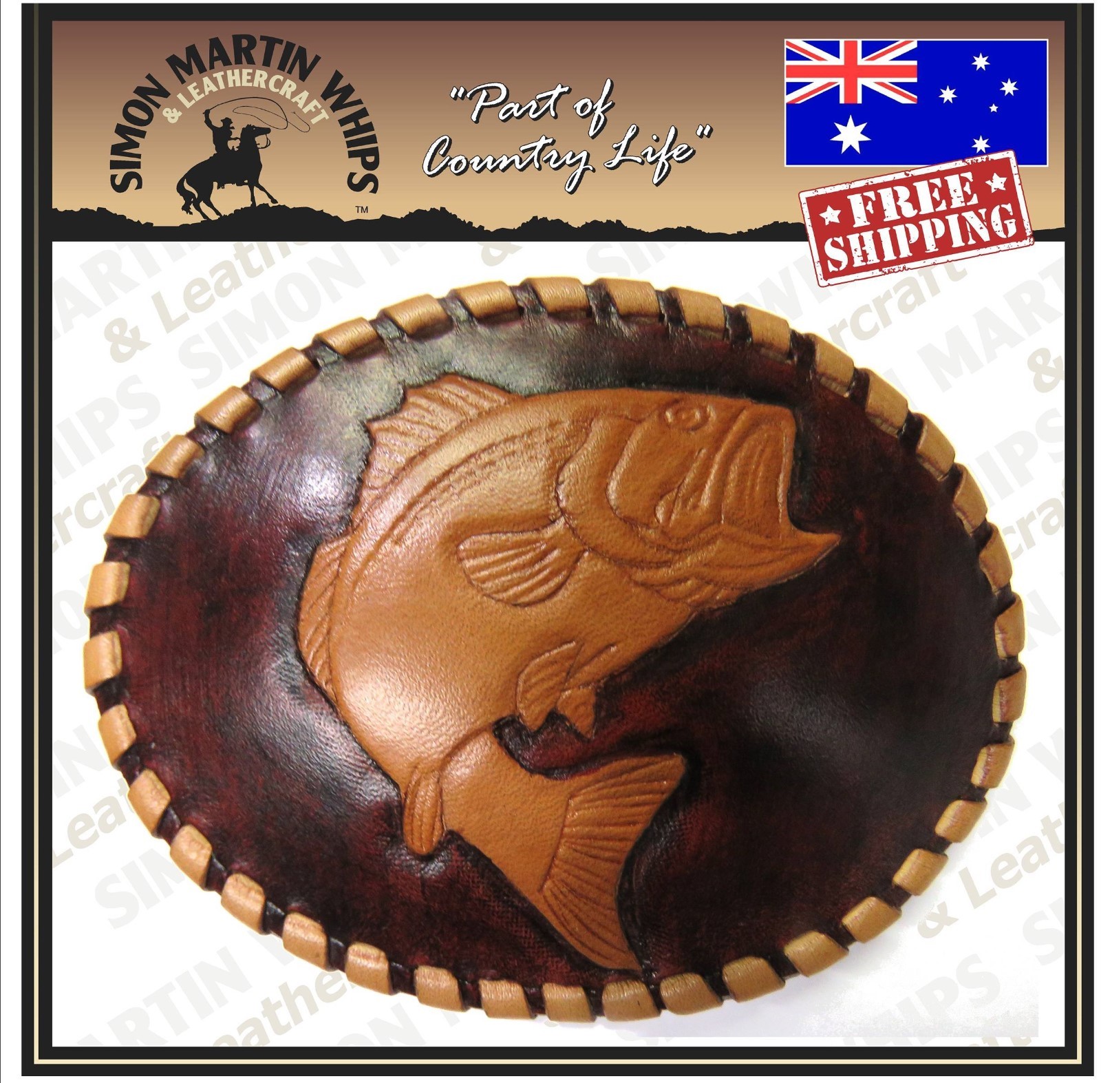 Leather Belt Buckle Unique Handcrafted Carved  - Fish Design - Made in Tasmania-image