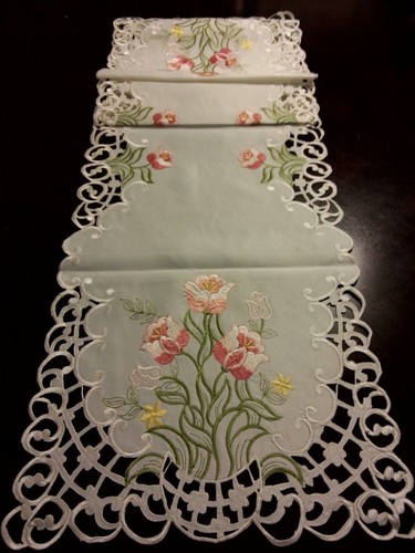 15"x69"Embroidered Table Runner Pink Tulip Floral Cutwork Tablecloth Home Decor - Picture 3 of 3