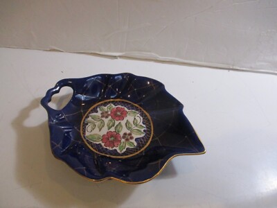 Vintage Flora Gouda Holland Dish -Leaf Shape  Cobalt Blue & Gold