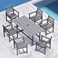 7 Pieces Outdoor Patio Dining Table Set HDPE Furniture Table Umbrella Hole Grey