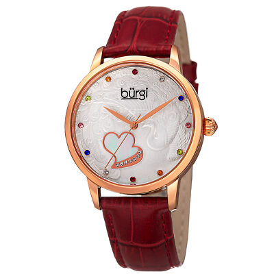 Women's Burgi BUR149RD Peacock Dial Mother of Pearl Heart Nulled Crystal Watch