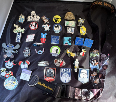Disney Pin Set Lot 38 pins, 1 STAR WARS LANYARD, HIDDEN MICKEYS, VINTAGE