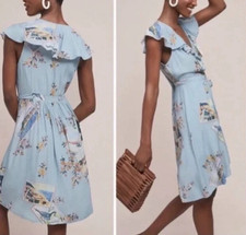 Maeve Anthropologie Dress Sz 0 Blue Floral Wrap boho Midi Sundress A009388