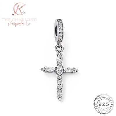 Cross Charm Genuine 925 Sterling Silver and Crystal - Religious Gift