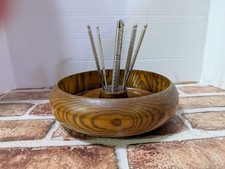 Vintage MCM Turned Wood Nut Bowl Set with Metal Nutcracker & 6 Picks Retro 7"