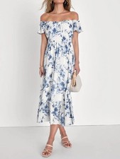 Lulus Delightfully Sweet White Floral Off-the-Shoulder Midi Dress Size Small
