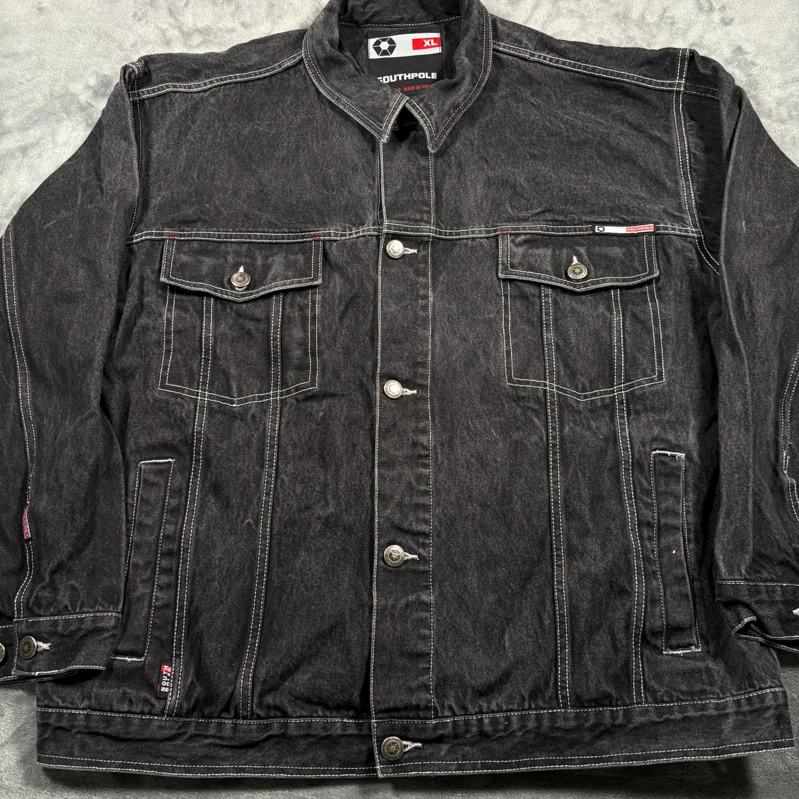 Vintage Y2K Southpole Trucker Jacket Mens XL Black Denim Button Front Pockets
