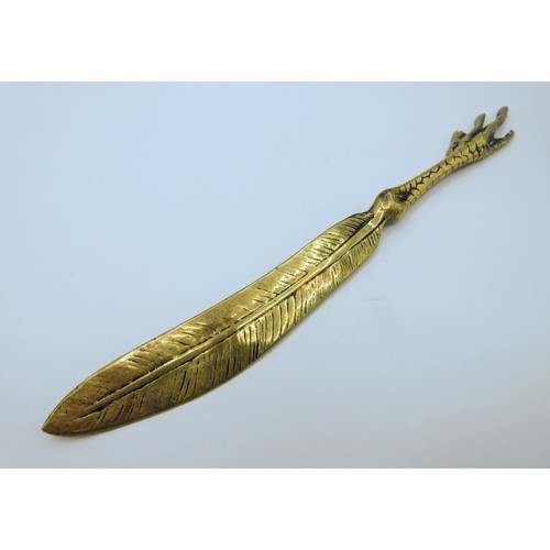 Antique Brass Bird Foot Letter Opener – Victorian Pheasant Feather Page Turner - Picture 2 of 8