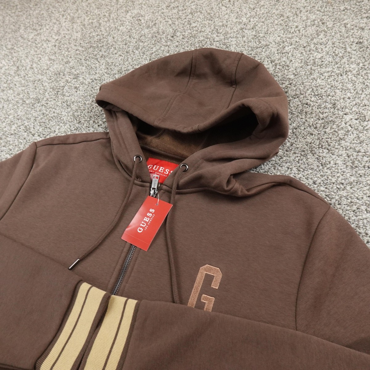 NEW Guess Hoodie Mens M Brown Fleece Full Zip Sweatshirt Jacket