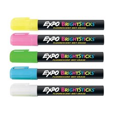 EXPO Bright Sticks, Wet Erase 5 Count Pack of 1 , Fluorescent Assorted