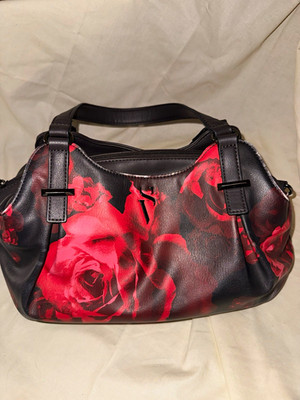 Simply Vera Vera Wang Large Black Red Floral Rose Shoulder Bag Zip Detach Strap
