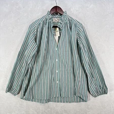 Mille Shirt Womens S Blue Stripe Ruffle Neck Button Front Anthropologie Blouse