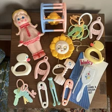 Vintage MCM Baby Toddler Toys Rattles Keys Brush Musical Flower Squeaker Lot