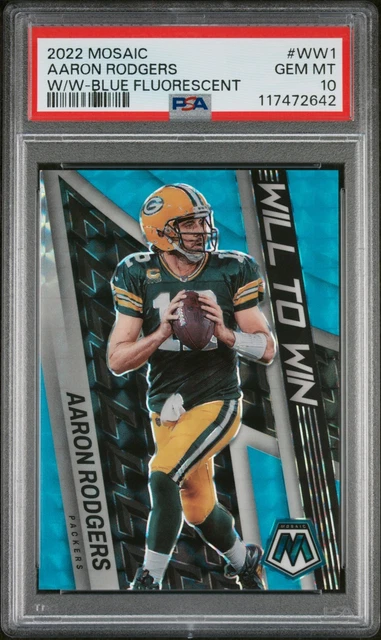 Aaron Rodgers 2022 Mosaic Will to Win Mosaic Blue Fluorescent /15 PSA 10