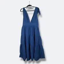 House of Harlow 1960 Tiered Midi Dress Womens M Blue Linen Blend Tie Boho Beachy
