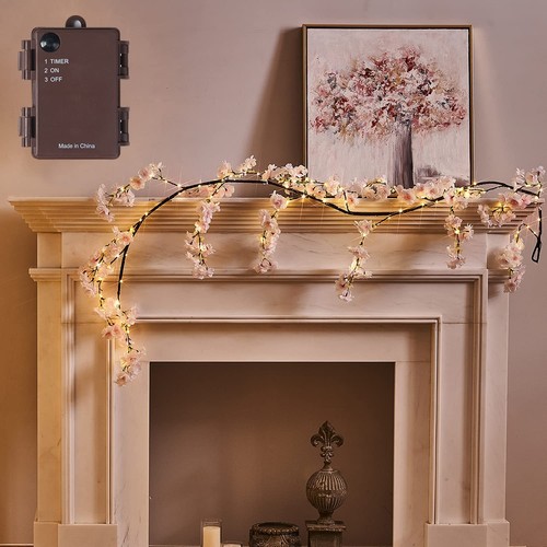 Lighted Garland Spring with Cherry Blossom 96 Fairy Lights 6FT for Mantle Yea...