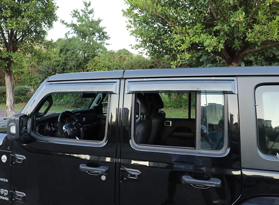 Viseras de ventana de plástico ABS ventilaciones protector de lluvia solar para Jeep Wrangler JL 2018-2025 Foto 4 de 4