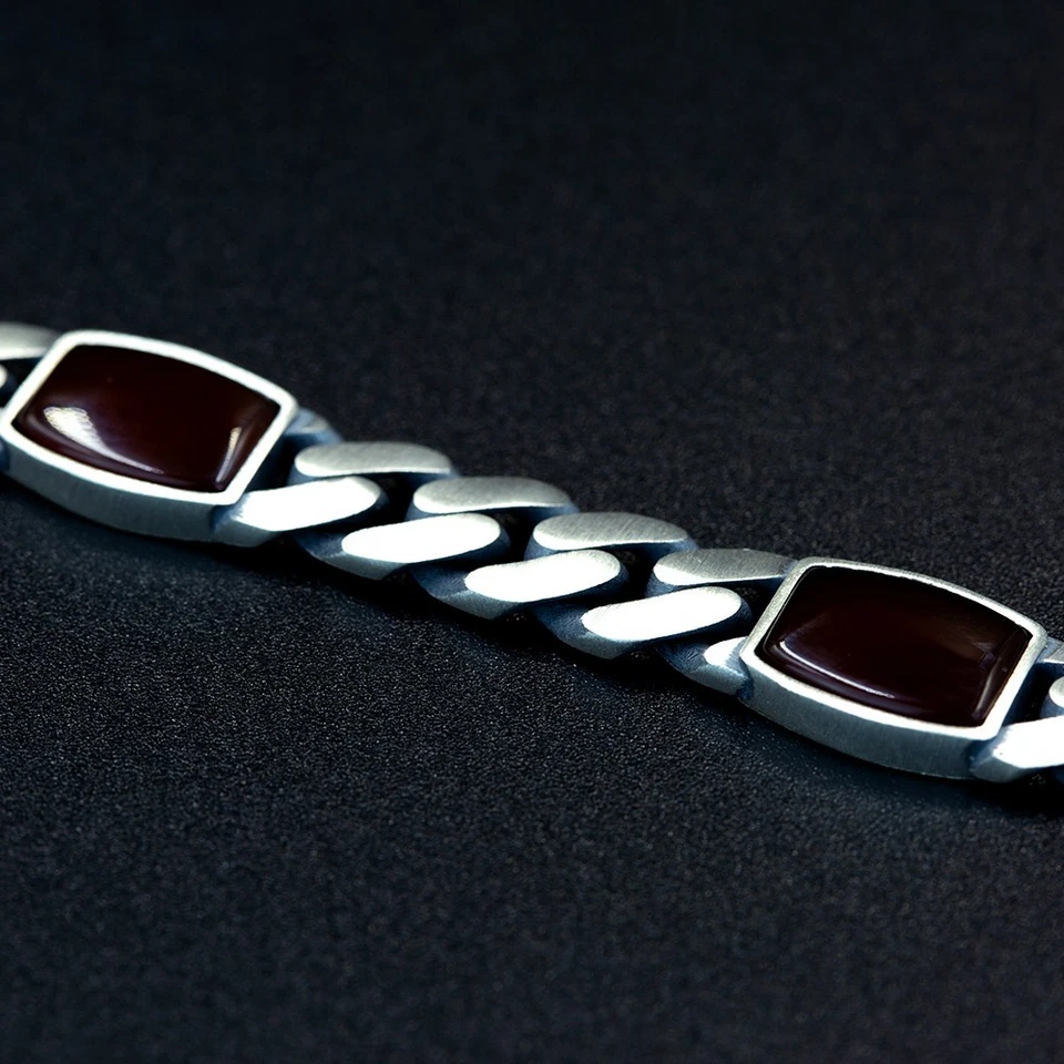 Brazalete hecho a mano de plata de ley 925 con piedras preciosas de ágata cadena cubana de 10 mm para hombre Foto 3 de 4