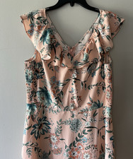 LOFT Outlet Dress Womens M Peach Floral V-Neck Ruffle Sleeves Midi BOHO Easter