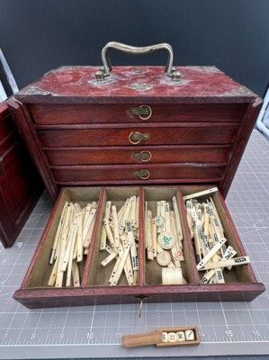 Antique Chinese Mahjong Set Wooden Box Trays AS IS