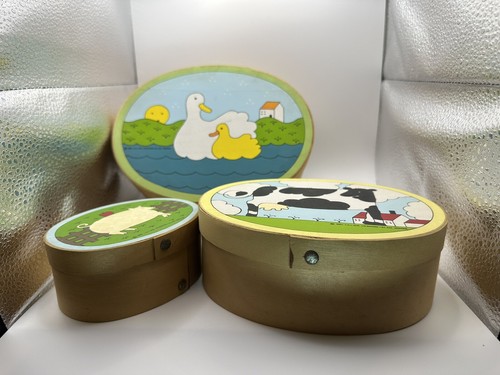 Vtg 3 Nesting Oval Wooden box Cow Duck Pig Lillian Vernon / Allan Wood 1982 - Picture 2 of 8