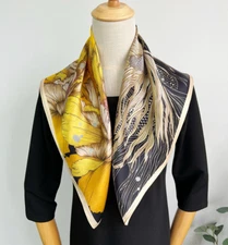 100% Mulberry Silk Square Scarf Women Bandana Neckerchief Wrap Koi and Peony 27'