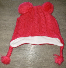 TODDLER GIRLS bold dark PINK KNIT LINED HAT DOUBLE POMPOMS braids 2/5T cute 