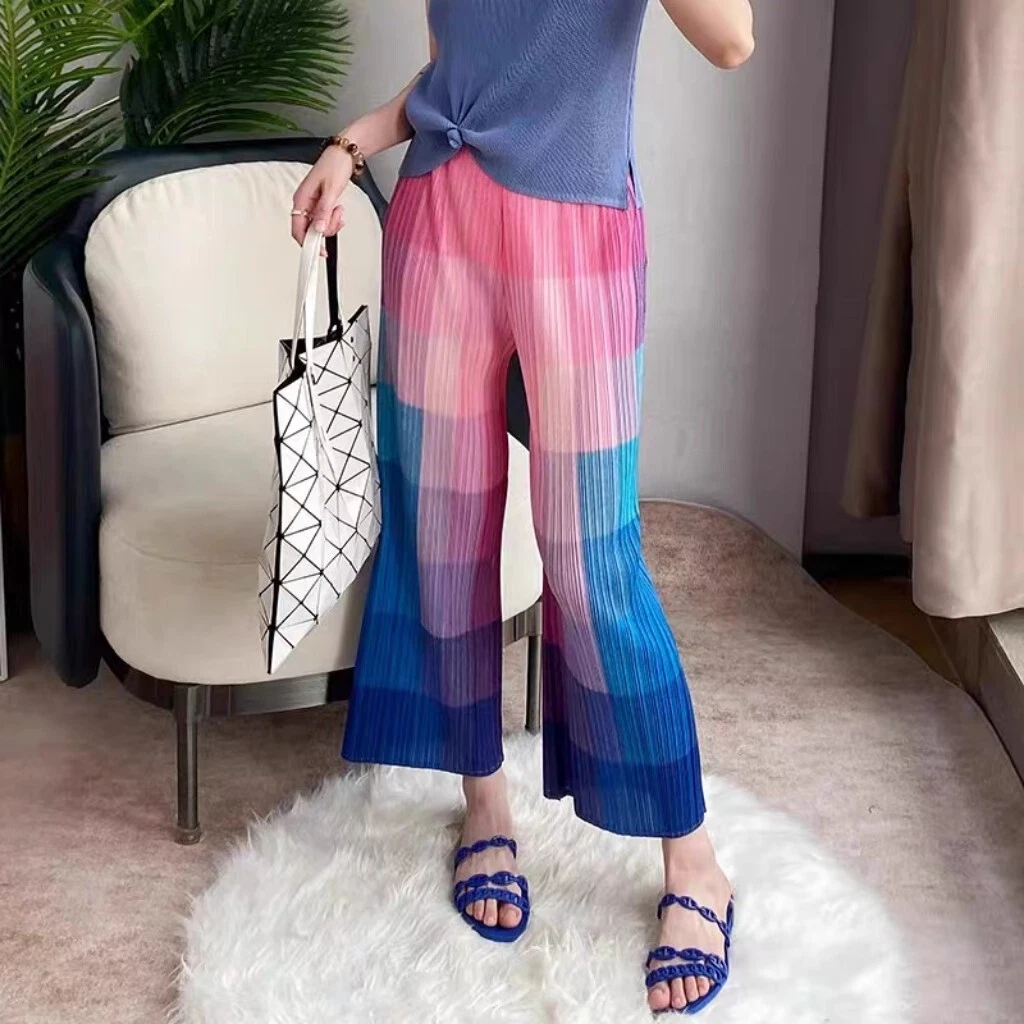 Pleats Please Issey Style Pleated Wide-Legged Trousres with Gradient Color