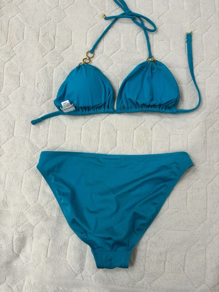 Suite de baño Robin Piccone azul cian con inserciones doradas almohadillas extraíbles talla L Foto 4 de 4