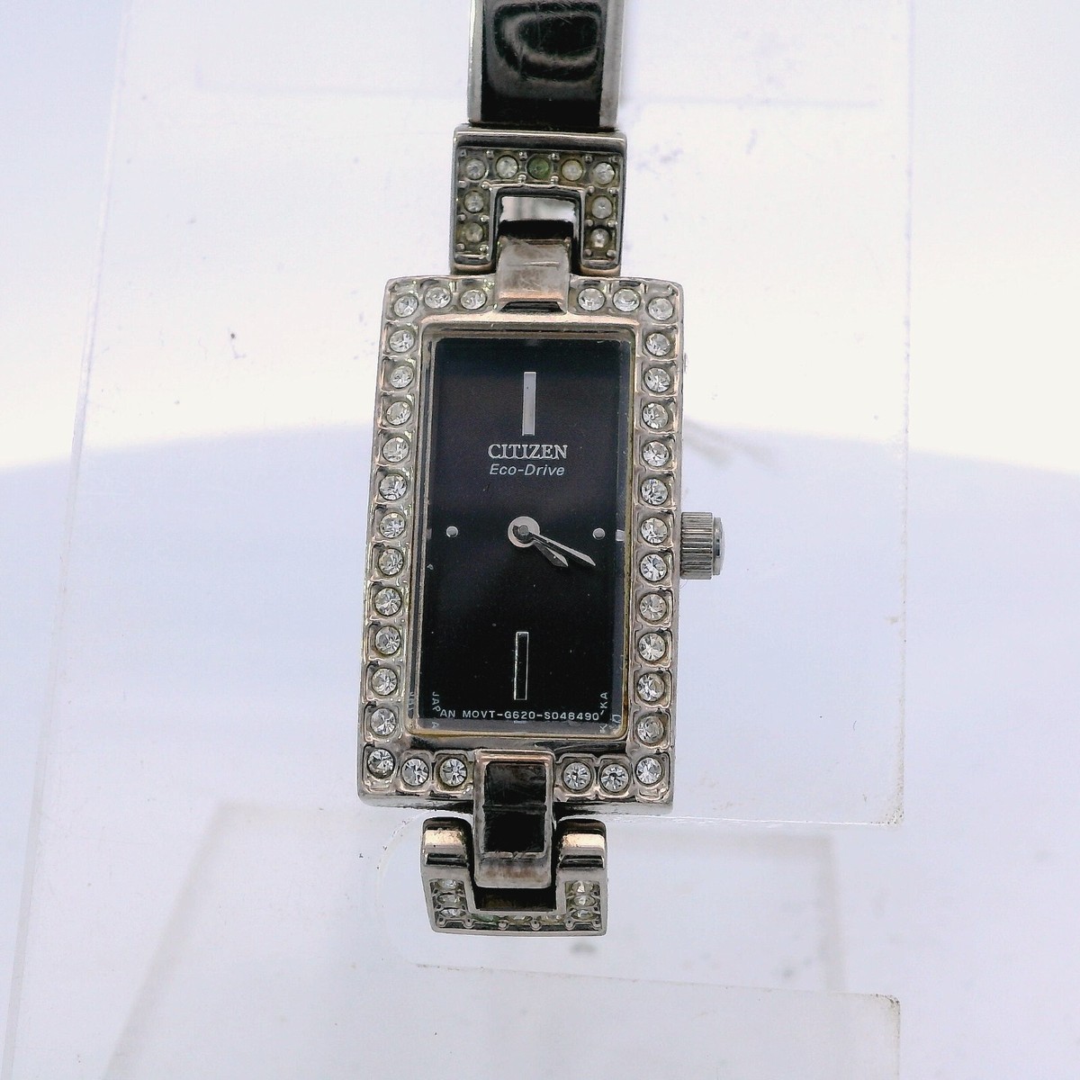 Ladies Citizen Eco-Drive Black Dial Crystal Stainless Bangle Watch