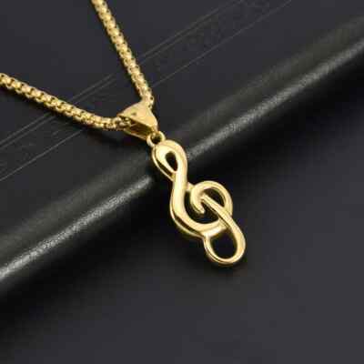 Gold Music Note G Treble Clef Pendant Necklace with Chain 24'' Mens Womens