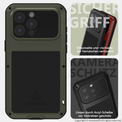 Metall Hybrid Silikon Stoßfest Hülle Outdoor Case für iPhone XR 14 15 16 Pro Max