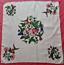 VINTAGE AUTHENTIC FLORAL ART TROPICAL FLOWERS HUMMINGBIRDS SATIN 26"SQUARE SCARF
