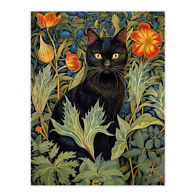Schwarze Katze im Wildblumenfeld stilisiertes Gemälde Portrait Wandbild Poster Druck