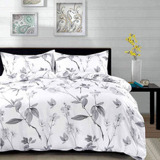 King Duvet Cover Set 3 Piece - Grey and White Floral Flowers Pattern Print Comfo