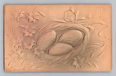Vintage 1911 Embossed Easter Greetings Postcard Nest Eggs Lilies Frederick MD