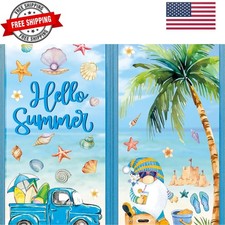 6 Sheet Hello Summer Window Clings Large Palm Tree Sun Beach Gnome Window Dec...