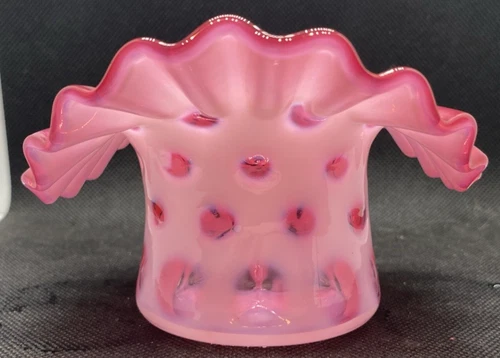 Vintage Fenton (?) Cranberry Opalescent Coin Dot Top Hat Vase Art Glass 3”