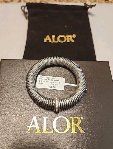 ALOR Stainless Steel, 18k White Gold & Diamond Coil / Stretch Bracelet 'Kai'