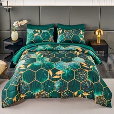 Emerald Green Printed Marble Comforter Set Queen, 7Pcs Geometric Hexagon Them...