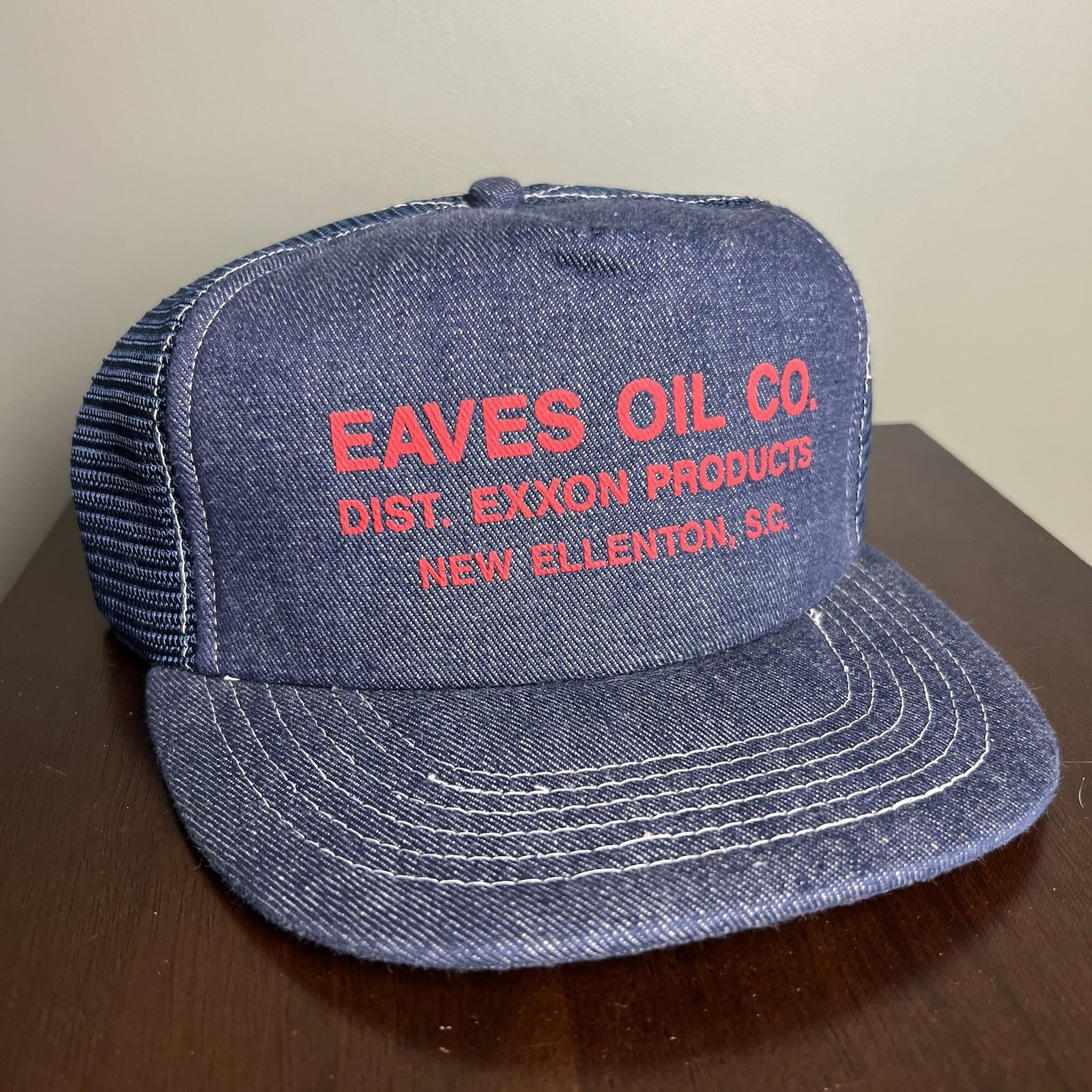 Blue Denim 80s Foam Mesh Cap Oil Gas Company Exxon Usa